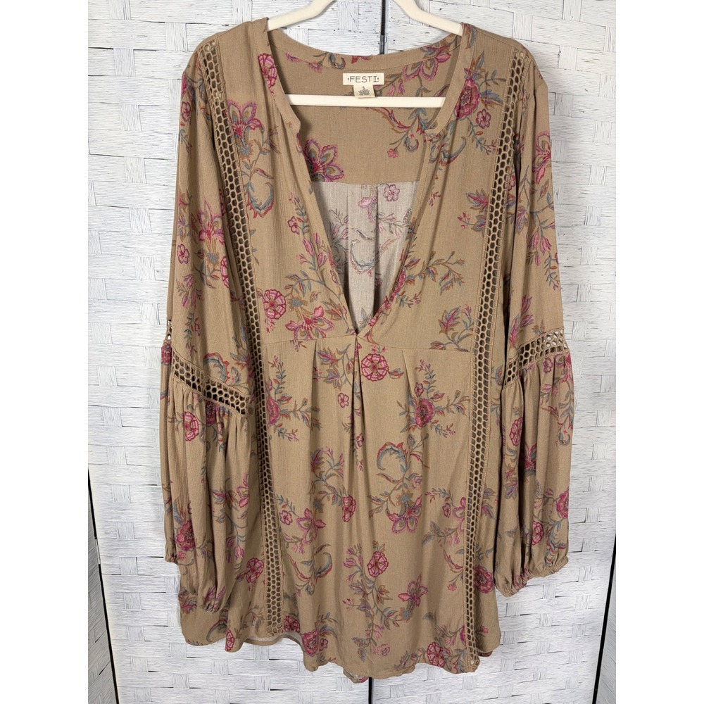 Festi Womens Tunic Blouse Floral Ladder Lace V-Neck Balloon Sleeve Boho Plus Sz